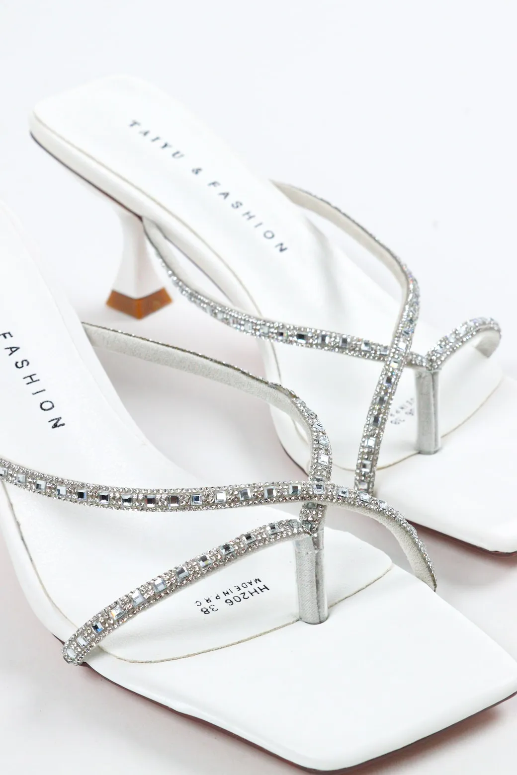Taiyu - Women's Diamond Embellished Kitten Mules - White