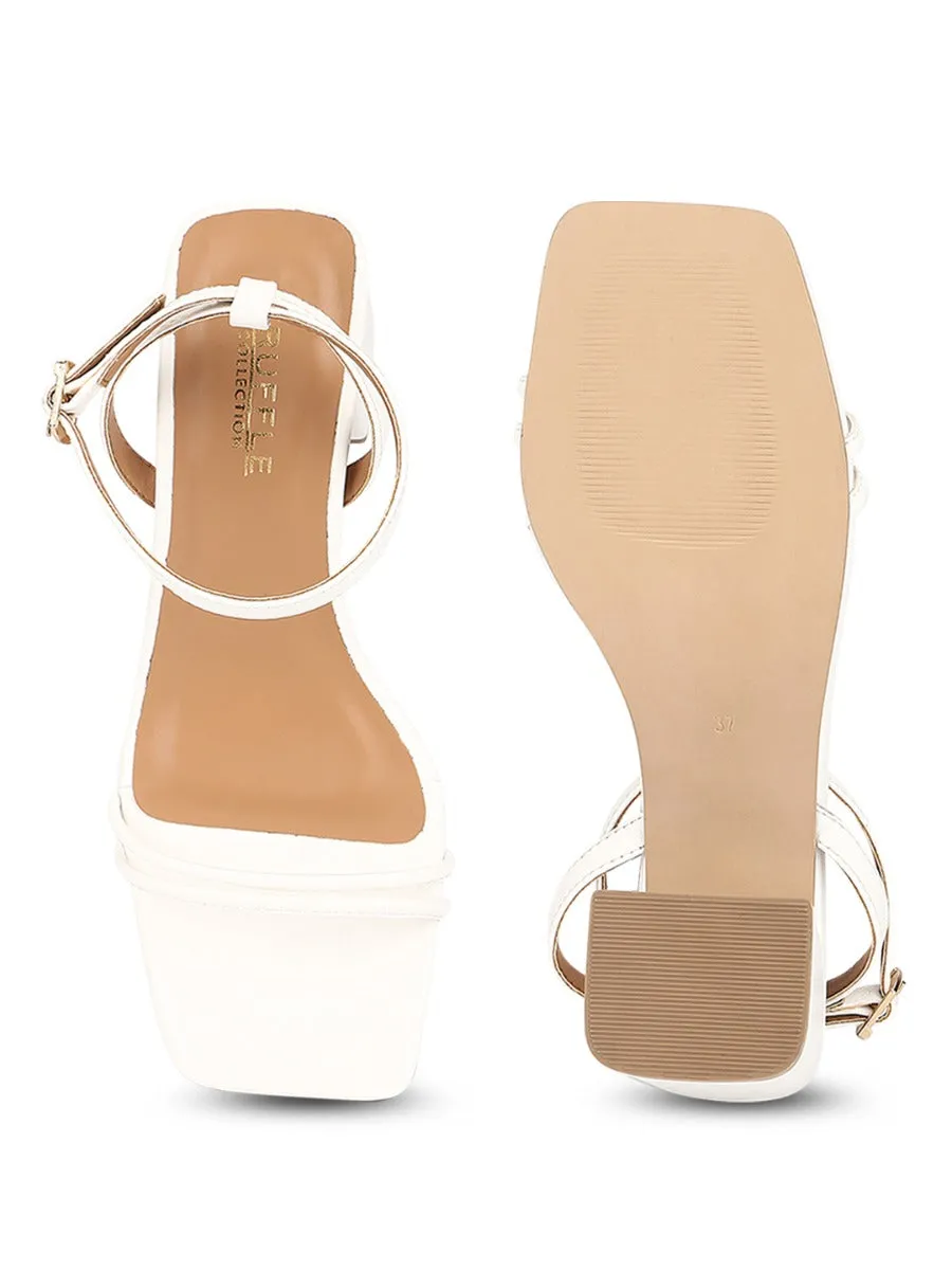 White PU Double Strap Block Heels