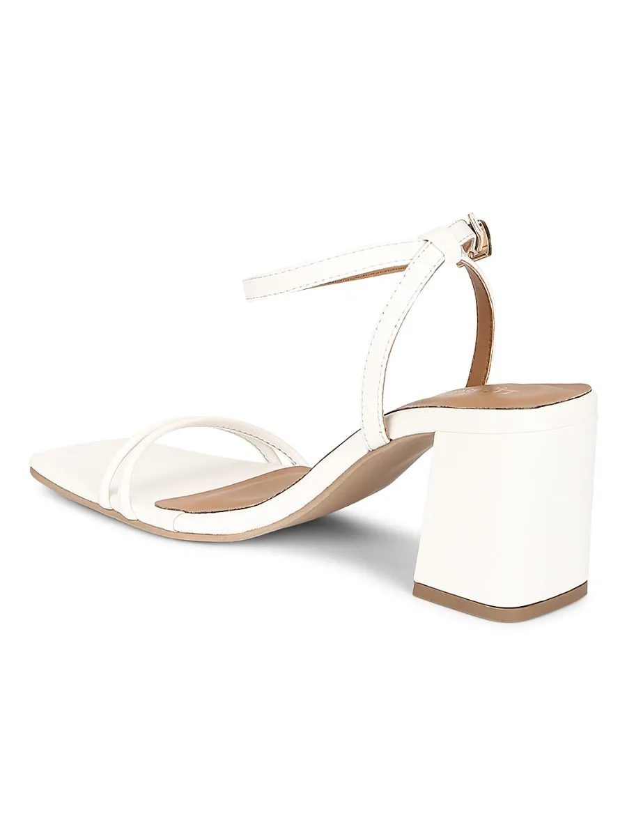 White PU Double Strap Block Heels
