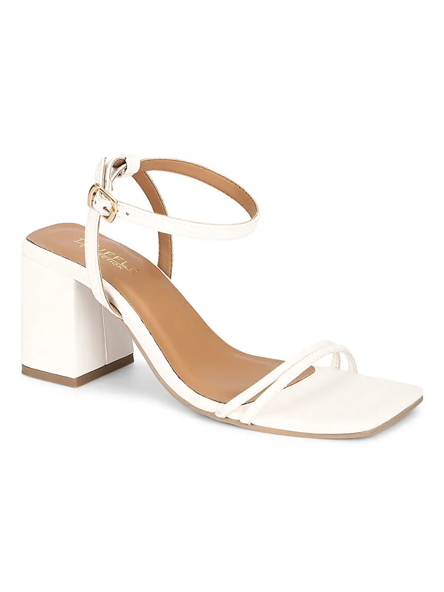 White PU Double Strap Block Heels