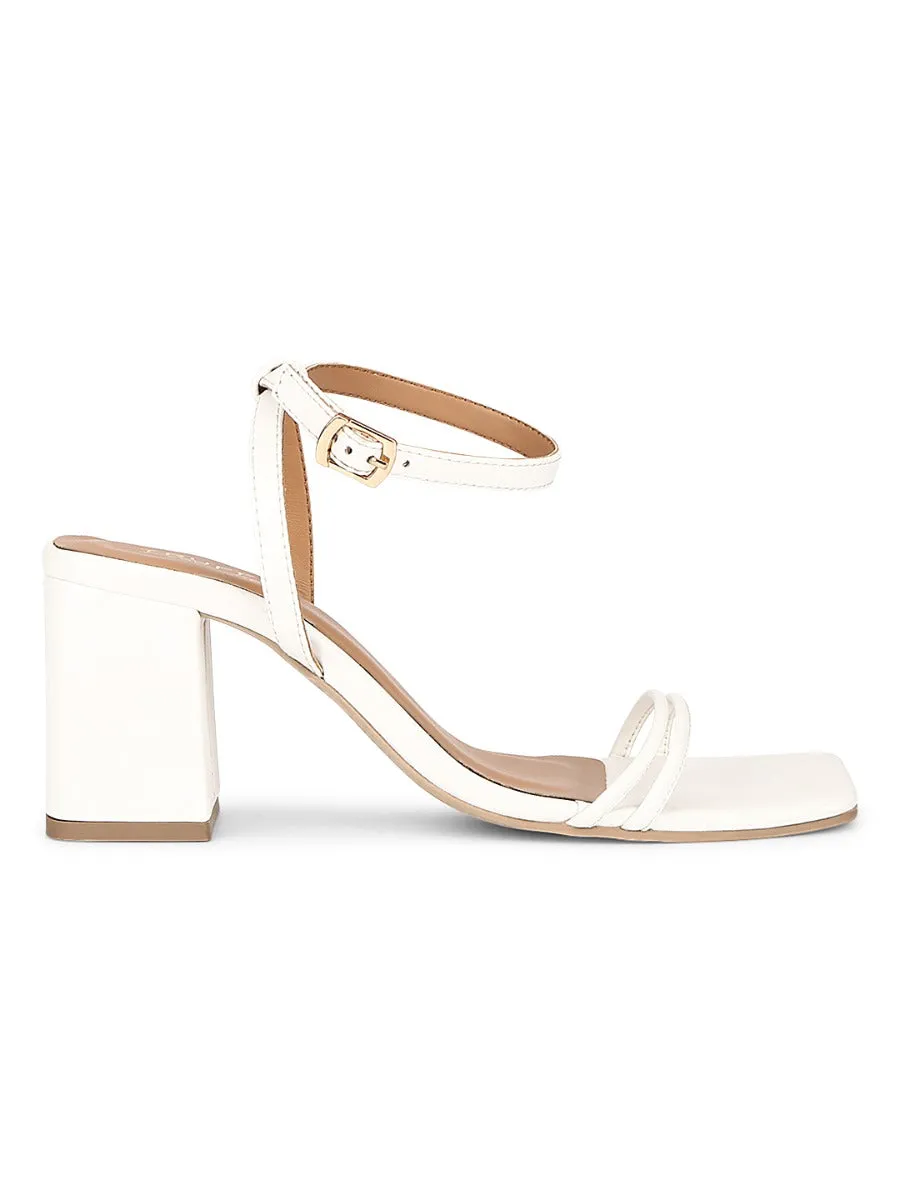 White PU Double Strap Block Heels