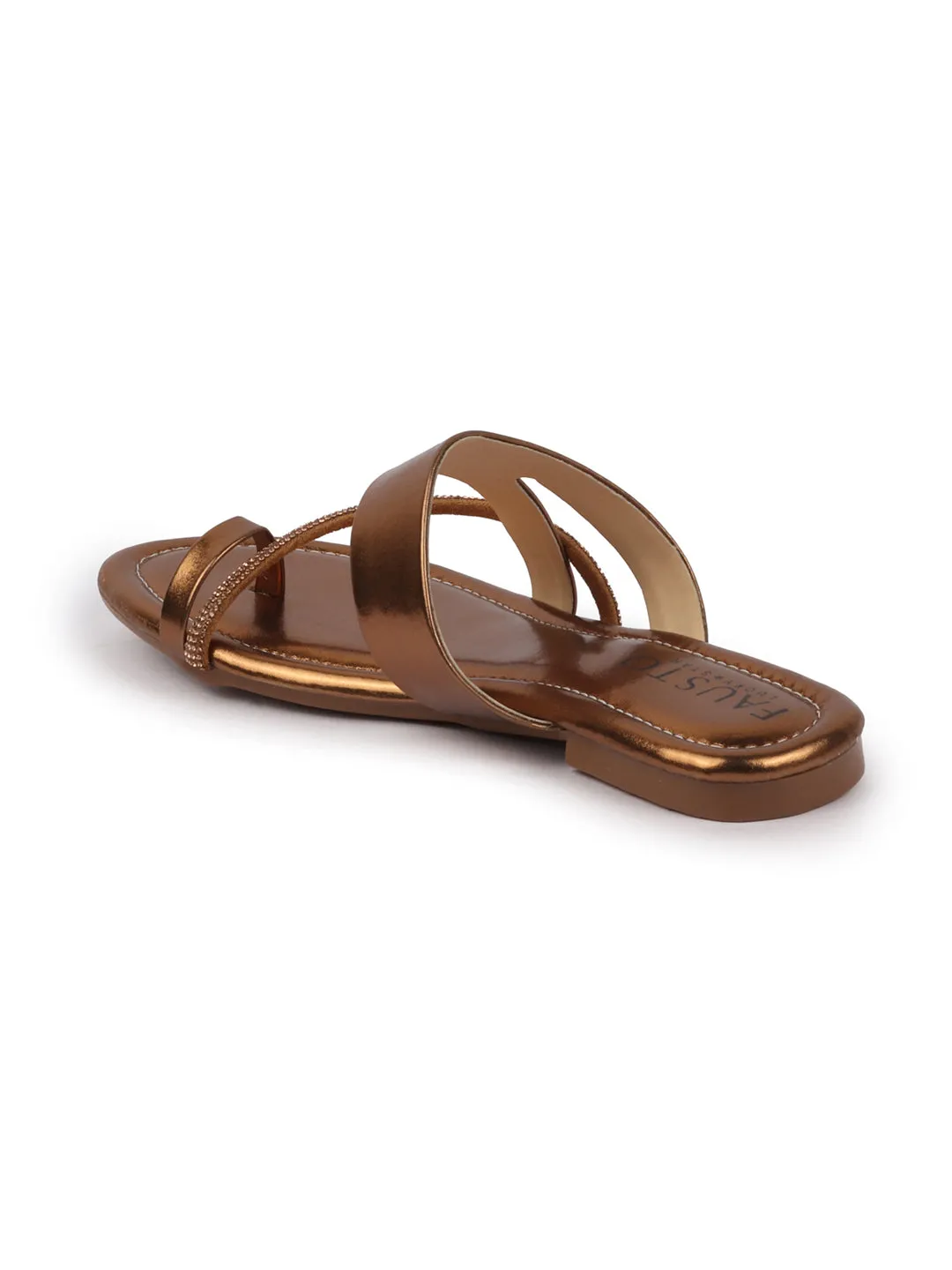Women Brown Glossy Toe Ring Elastic Cross Strap Ethnic Slipper With Cushioned Footbed|Flat Slipper For Party|Festive|Wedding