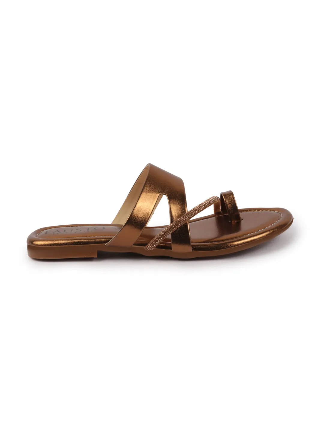 Women Brown Glossy Toe Ring Elastic Cross Strap Ethnic Slipper With Cushioned Footbed|Flat Slipper For Party|Festive|Wedding