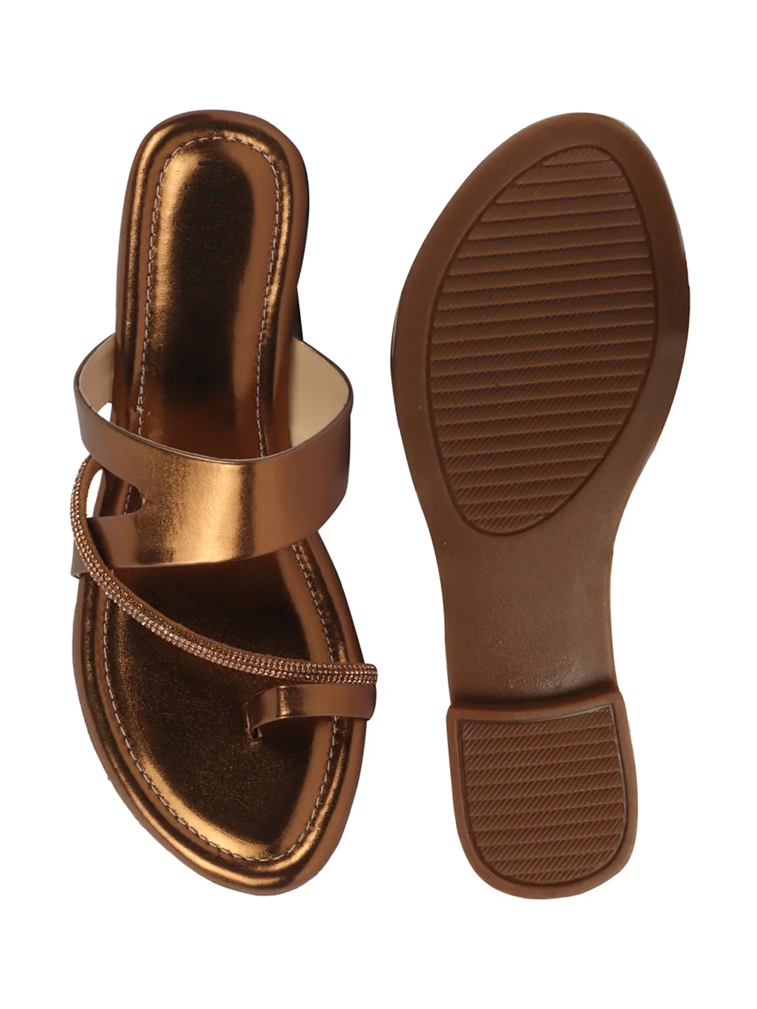Women Brown Glossy Toe Ring Elastic Cross Strap Ethnic Slipper With Cushioned Footbed|Flat Slipper For Party|Festive|Wedding