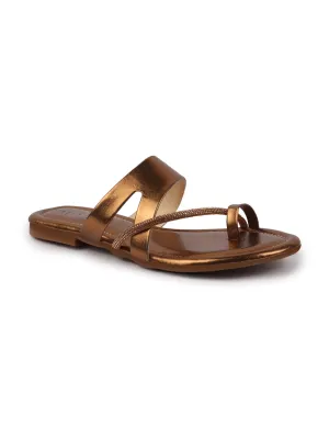 Women Brown Glossy Toe Ring Elastic Cross Strap Ethnic Slipper With Cushioned Footbed|Flat Slipper For Party|Festive|Wedding