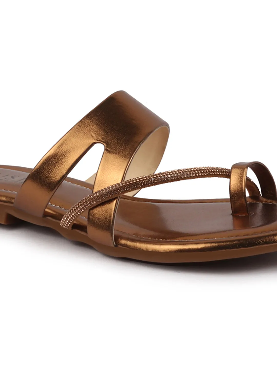 Women Brown Glossy Toe Ring Elastic Cross Strap Ethnic Slipper With Cushioned Footbed|Flat Slipper For Party|Festive|Wedding
