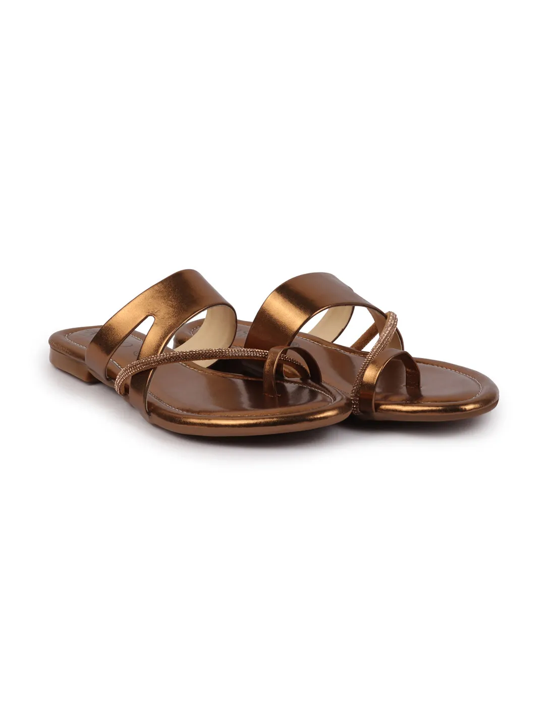 Women Brown Glossy Toe Ring Elastic Cross Strap Ethnic Slipper With Cushioned Footbed|Flat Slipper For Party|Festive|Wedding