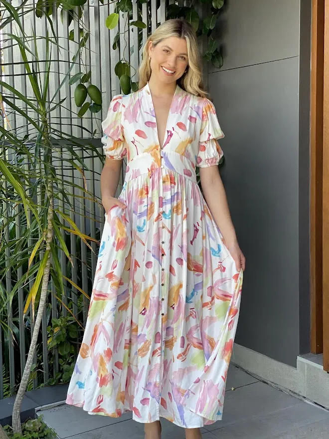 XW20555SS Pastel Watercolour Maxi Dress