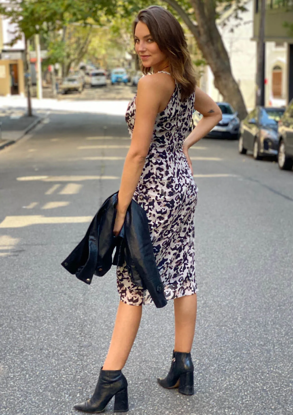 YW1904SS Leopard Print Spaghetti Strap Asymmetric Dress (Pack)